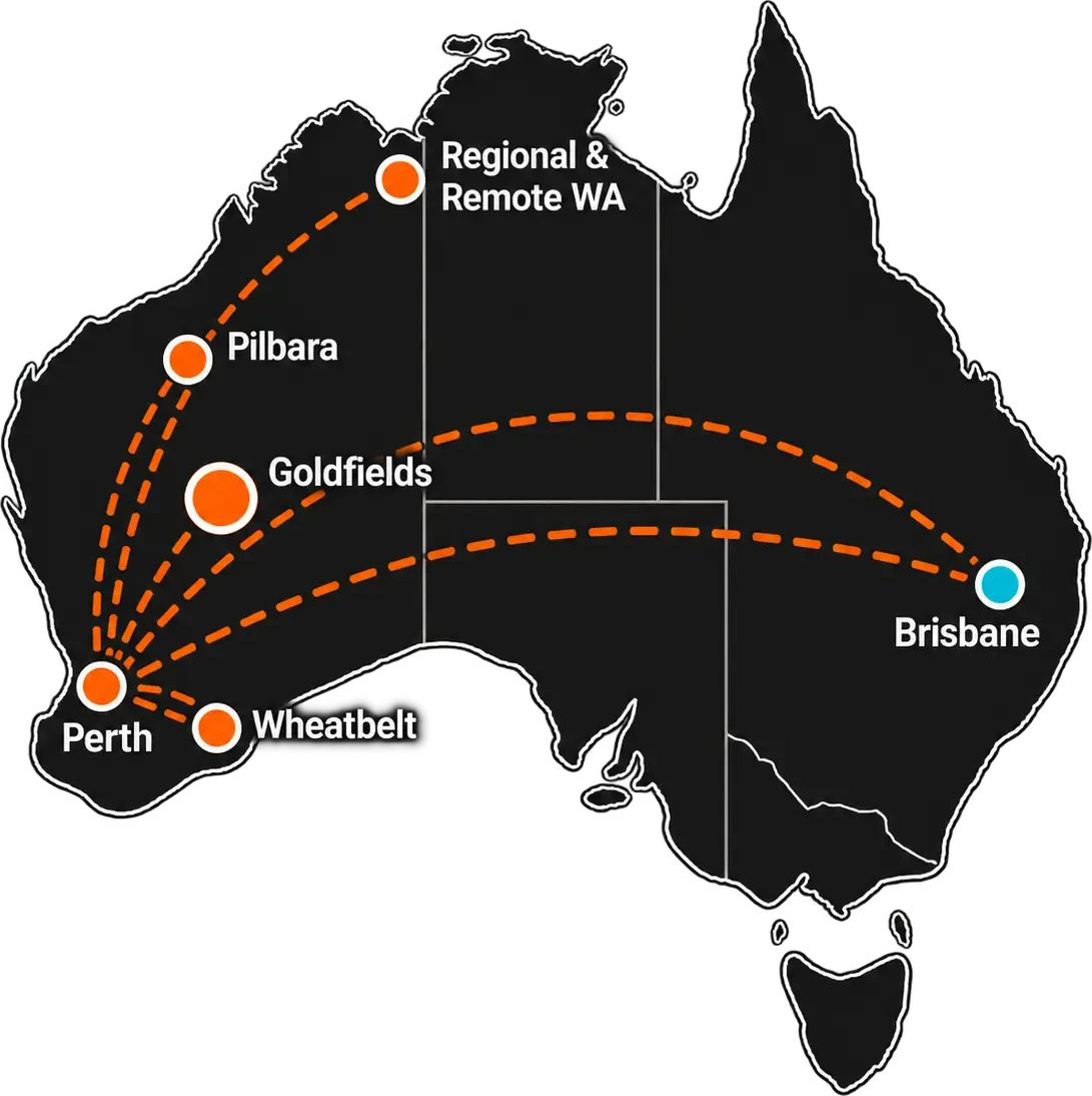Map of VPT Group service regions across Western Australia and Queensland